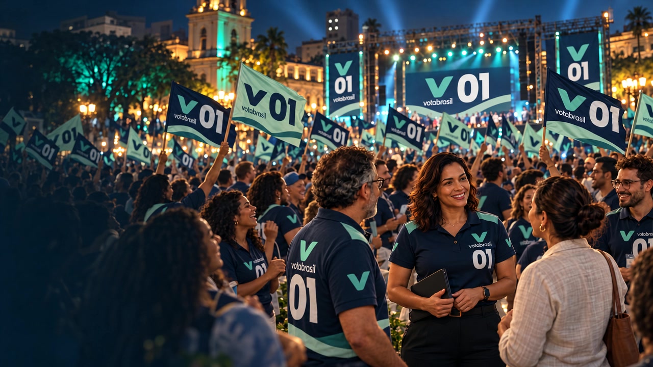 Multidão em um comício fictício VotaBrasil 01, seguida da equipe orientando o cadastro no comitê